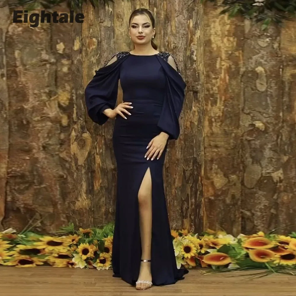 

Eightale Arabic Evening Dresses Appliques Beaded Chiffon Long Sleeves Mermaid Prom Gown for Wedding Party Vestidos De Noche