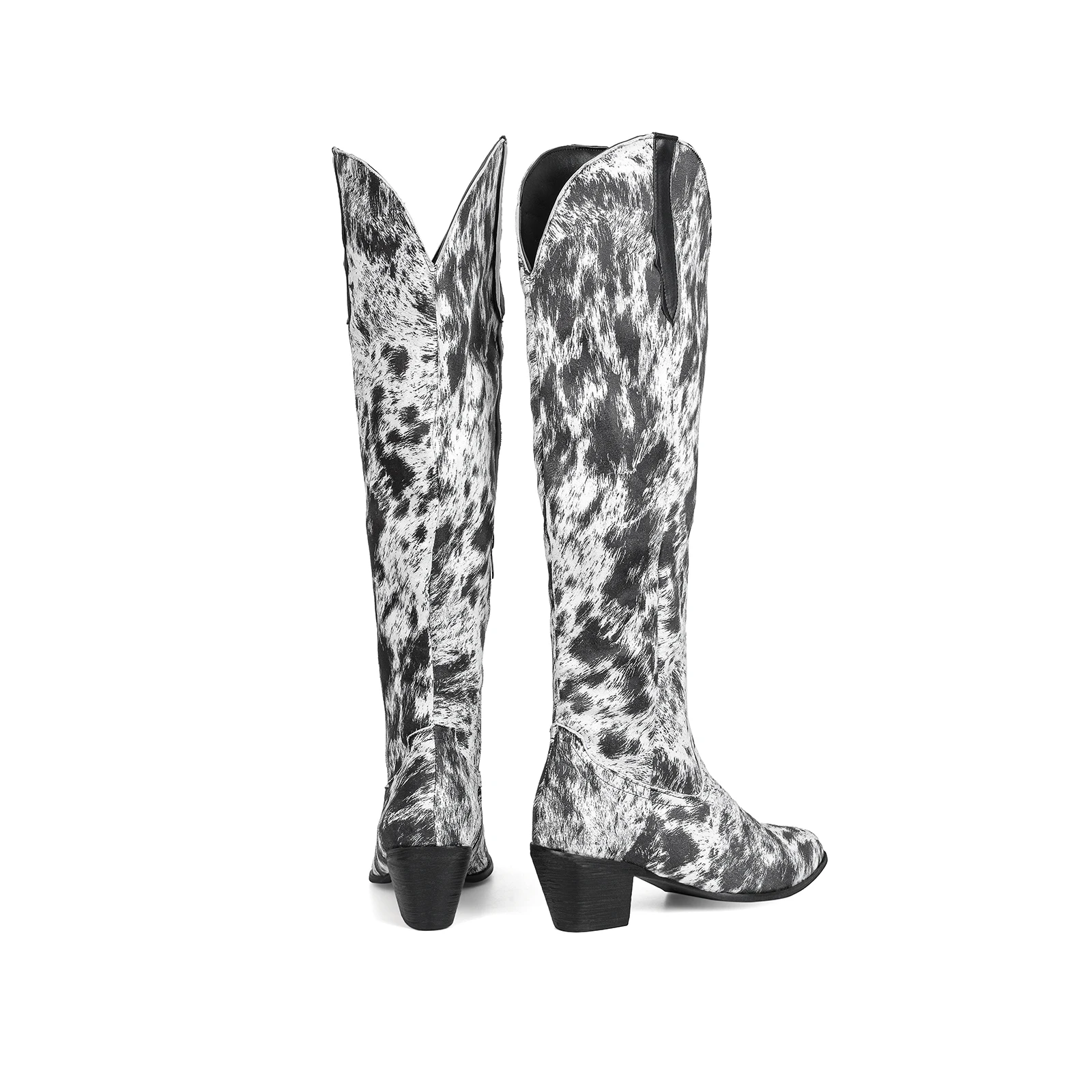 Botas occidentales por encima de la rodilla con estampado de leopardo, pelo de caballo de imitación, botas de caballero de tacón grueso puntiagudo Retro, bota larga estampada para Halloween