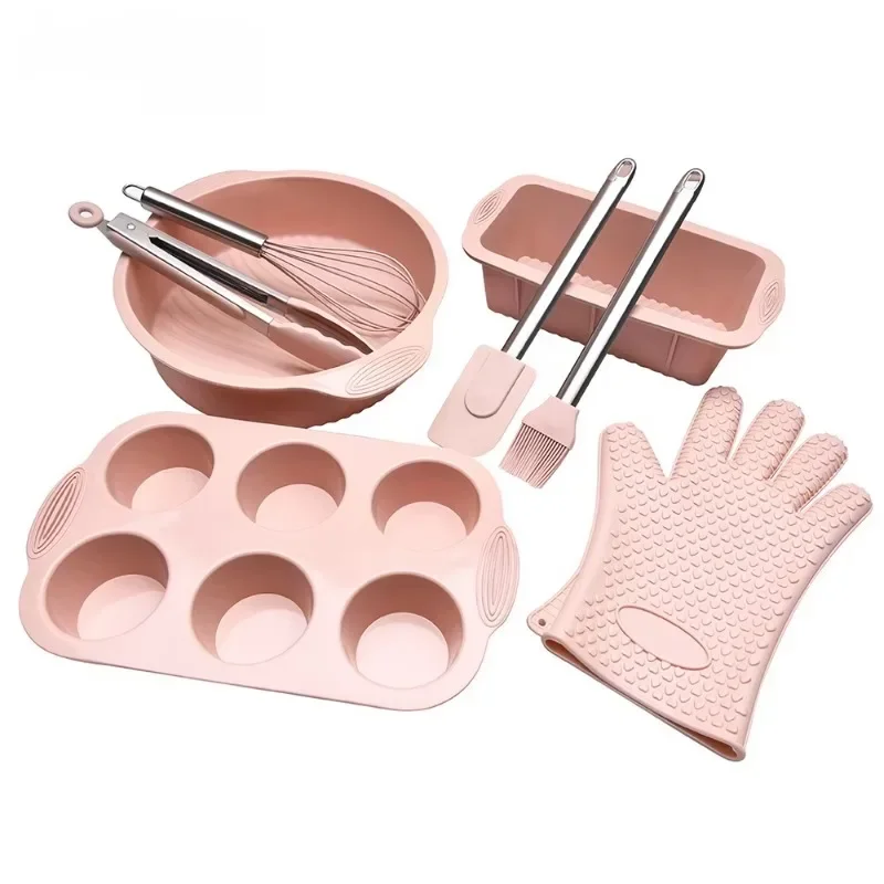 

8-Piece Silicone Baking Tool Set, Muffin Mould, Oven Gloves, Baking Blade and Food Cutters