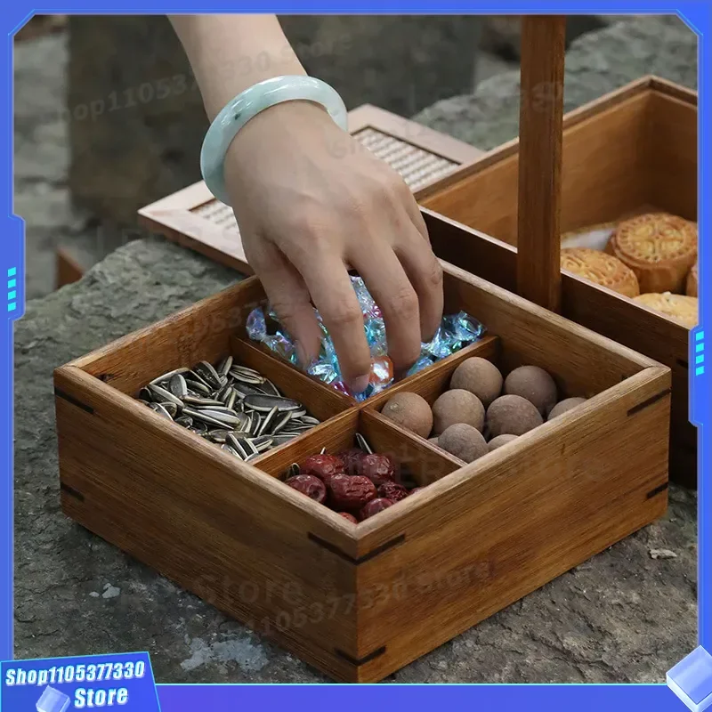 Solid Wood Fruit Plate With Lid Divided Grid Storage Box For Dried Fruit Candy Sugar Wedding Supplies Tea Set Accessories