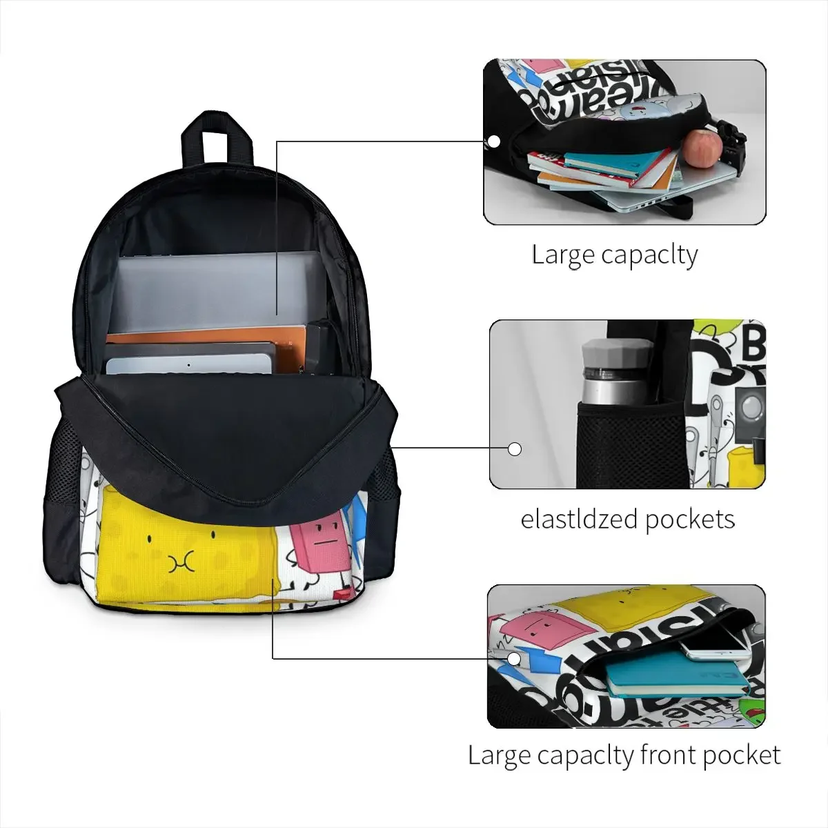 BFDI Poster White Backpacks Boys Girls Bookbag Children School Bags Cartoon Kids Rucksack Travel Rucksack Shoulder Bag