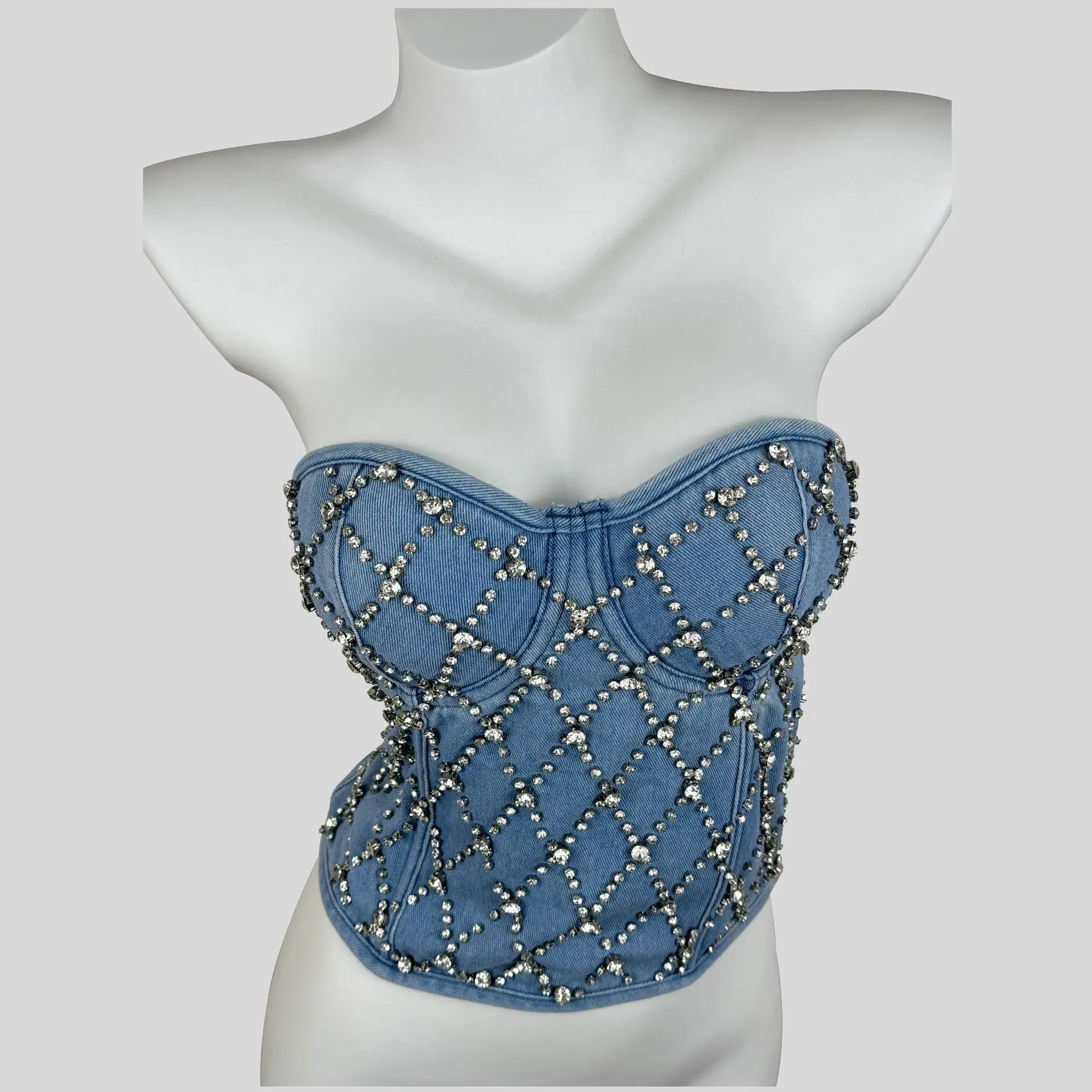 Light luxury and high-end shaping denim fishbone corset, high street spicy girl nail drill strap, side zipper strapless vest top