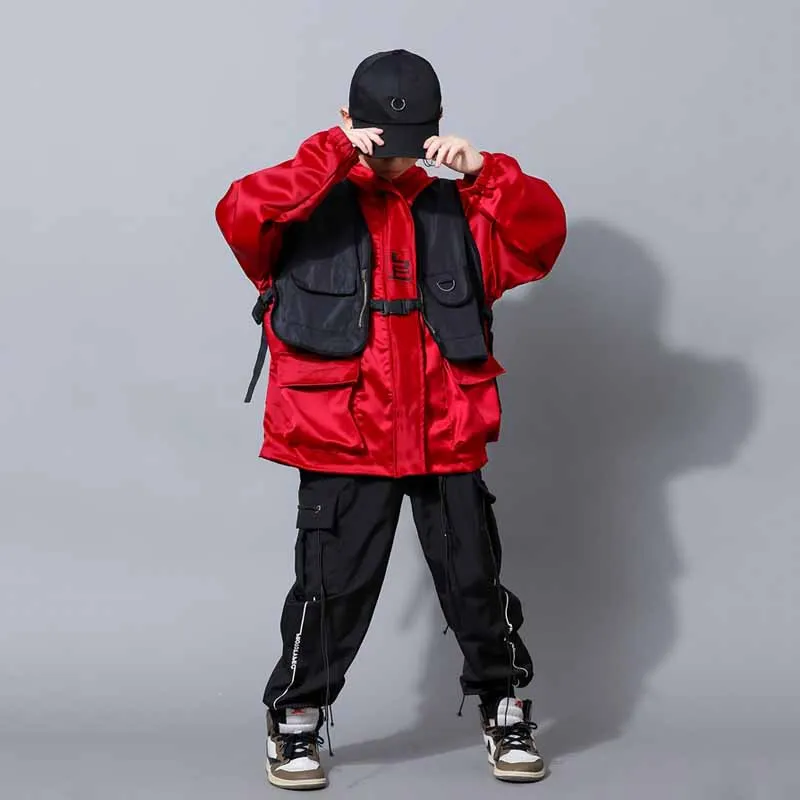 

Children Street Dance Costumes Red Long Sleeve Jacket Black Vest Kids Catwalk Show Performance Suit Girls Jazz Clothing DQL7144