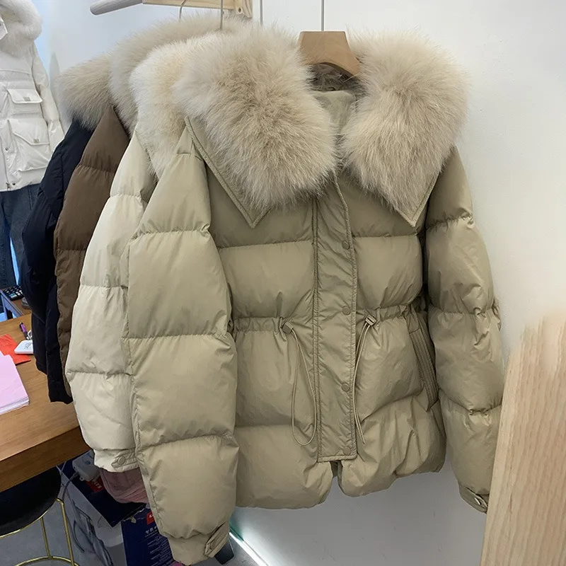 2025 Chaqueta de plumón de invierno para mujer, abrigo grueso y cálido de piel grande con cuello vuelto y plumón de pato blanco a la moda
