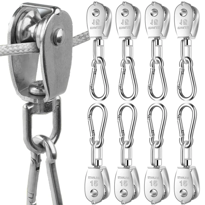 360° Swivel Stainless Steel Rotary Single Pulleys Roller with Spring Snap Carabiner Clips Lifting Hanging Wire Rope Pulley Wheel
