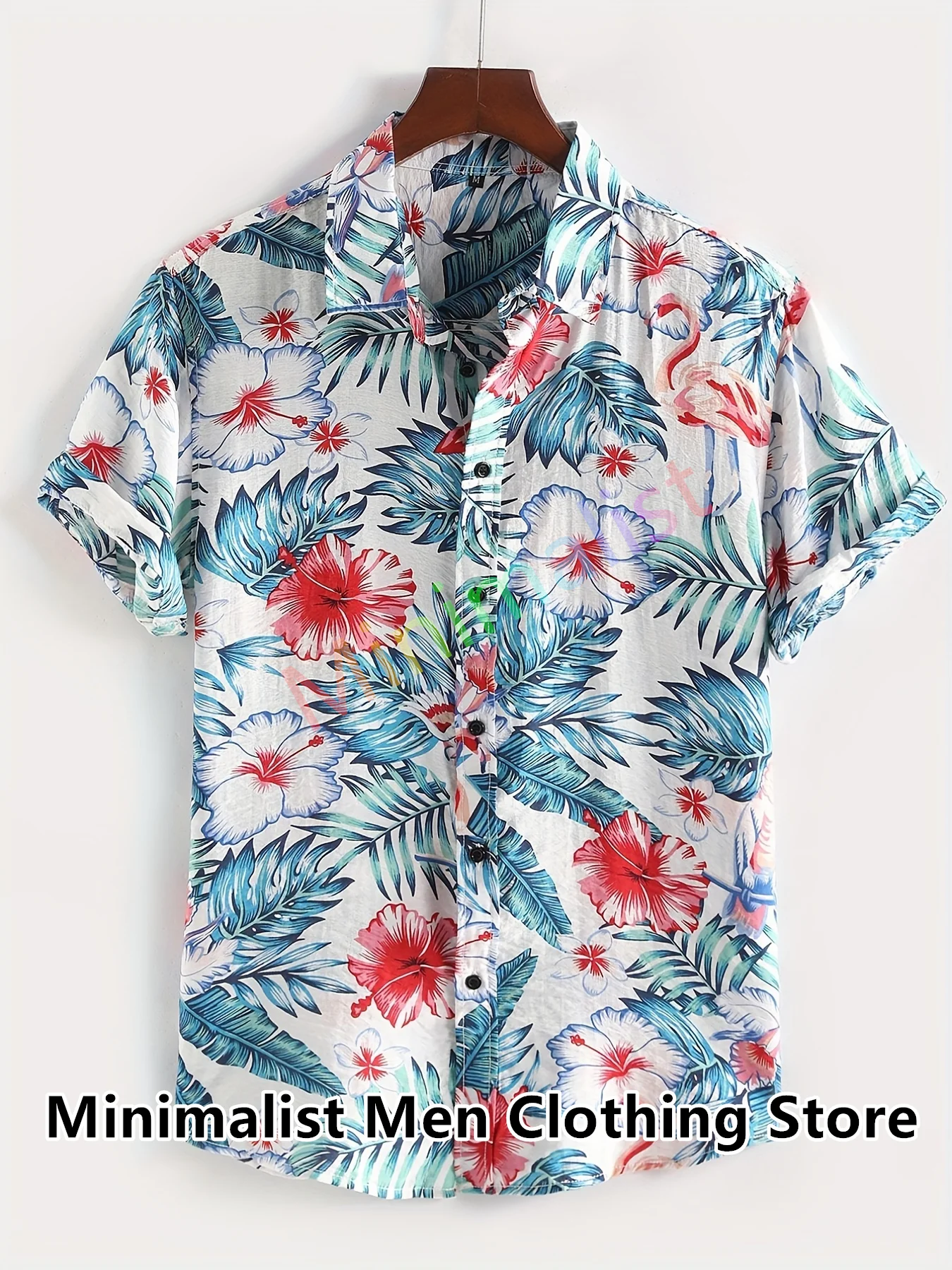 2023 Leaf and Flamingo Print Shirt For Men Hawaiian Casual Beach Short Sleeve Fashion Tops Male Blouse Summer Clothing