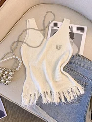 2024 Solid Tassel Hem Tank Top Knit Elastic Casual V Neck Summer Sleeveless Top Women's Clothing Crop Top