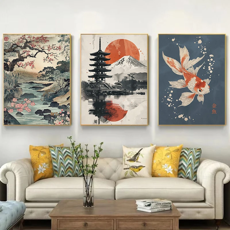 Culture of Japan Artwork Elegant Crane Goldfish Asian Bird Geisha Illustration Poster Canvas Painting Wall Pictures Home Decor