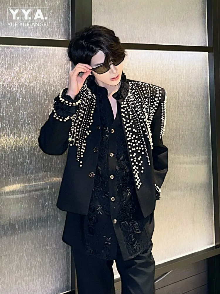 Men Fashion Beading Diamond Jacket Personality Stage Style Jackets Loose Single Breasted Stand Collar Short Blazers Male Coat