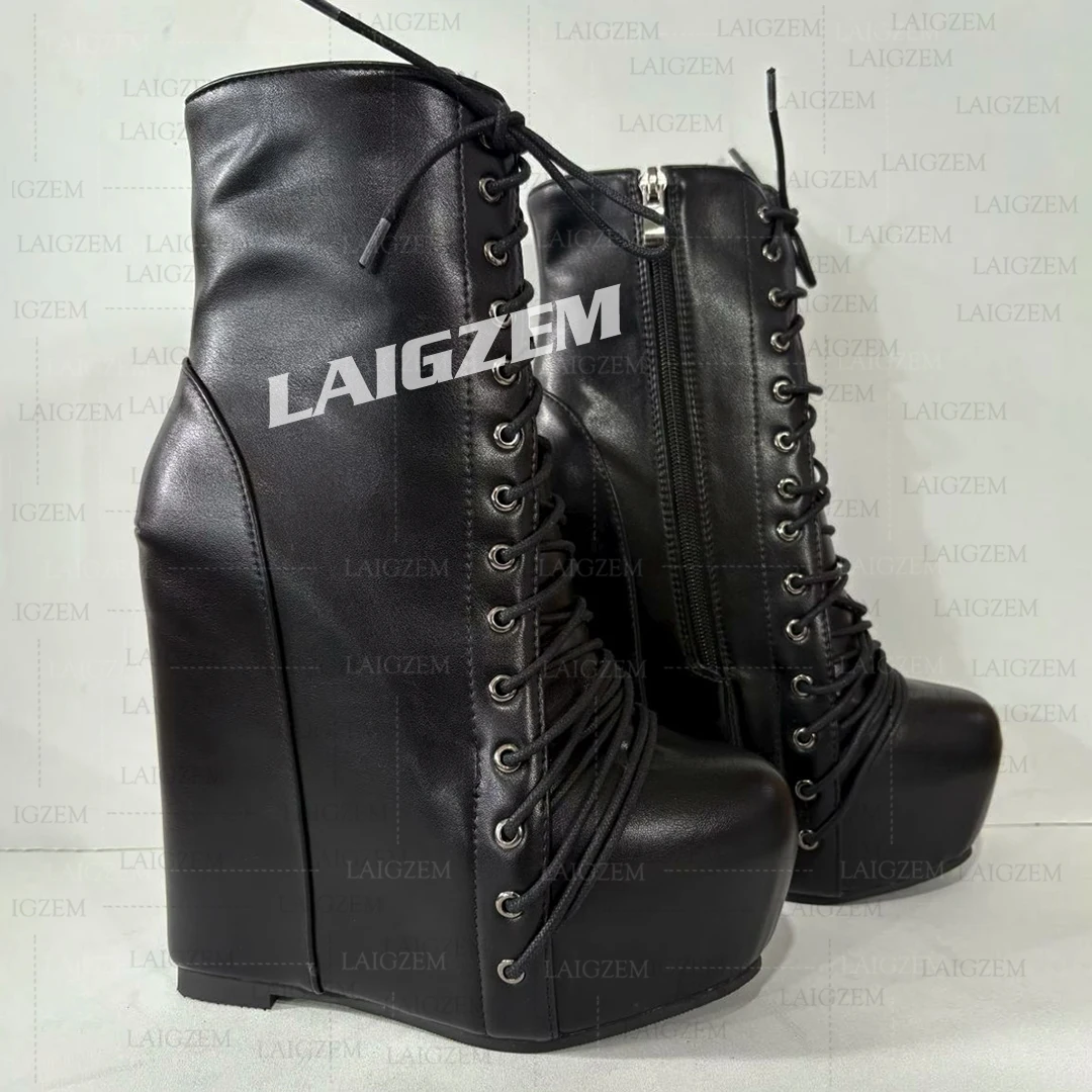 LAIGZEM Women Ankle Boots Platform High Heels Zip up Faux Leather Boots Club Ladies Handmade Shoes Woman Big Size 39 43 47 52