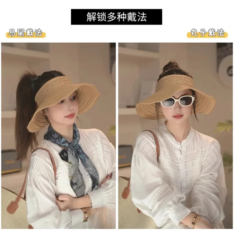 Breathable sunshade empty top hat straw woven sunscreen hat big edge headband sun hat hollow outdoor