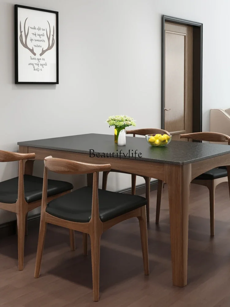 Slate dining table Nordic simple modern volcanic stone solid wood dining table light luxury