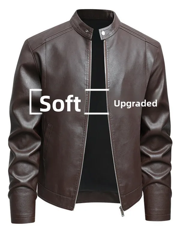Haining Men's Slim Fit Fleece Lined Thickened Stand Collar Biker Jacket Leather Coat Stylish Casual Trendy Outerwear