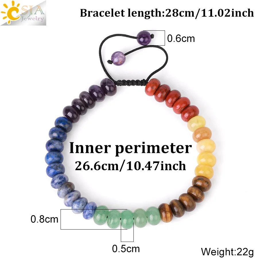 CSJA Reiki 7 Chakra Crystals Bracelet Real Natural Stone Beaded Bracelets for Stress Relax Anxiety Elastic Braided Jewelry H049