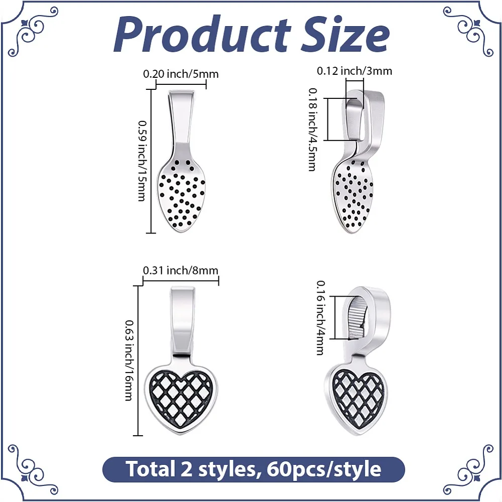 120Pcs 2 Styles Alloy Glue On Flat Pad Pendant Bails Cadmium Free Lead Free Silver 15~16x5~8x1~5mm Hole: 4~4.5x3mm 60pcs/style