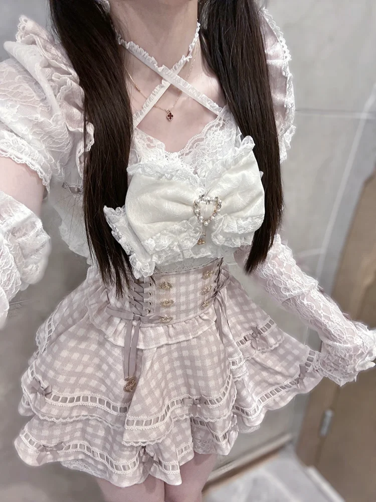日本のかわいいレーススリム 2 点セット女性デザイン甘いチェック柄スキニースーツ女性ハイストリートヴィンテージ半袖衣装新しい