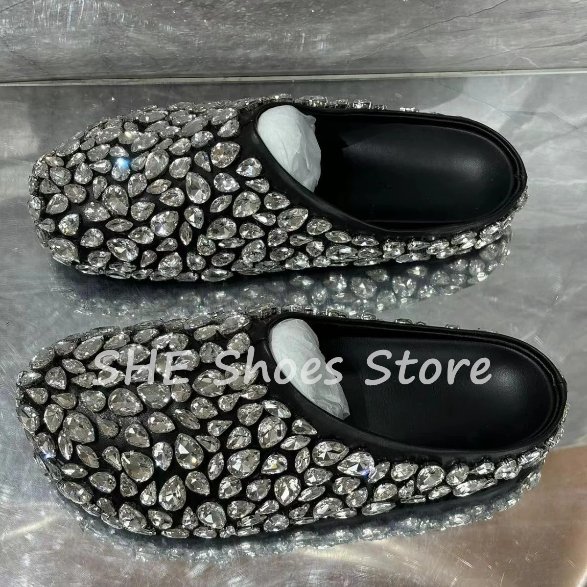 

Wedding Bride Shoes Luxury Rhinestones Round Toe Slippers for Women Shallow Slip-On Slingback Pumps Ladies Genuine Leather Flats