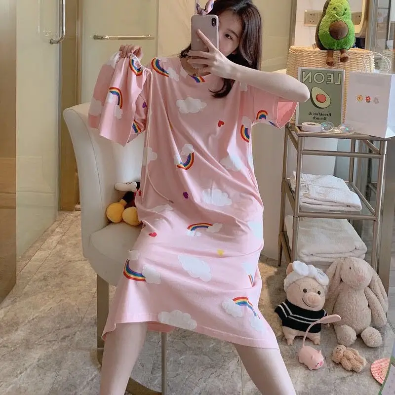 Sleep Dress For Women Summer Female Sleepwear Cute Print Long Nightgown Cartoon Pajama Casual Sleepshirt Elastic Lady Clothing