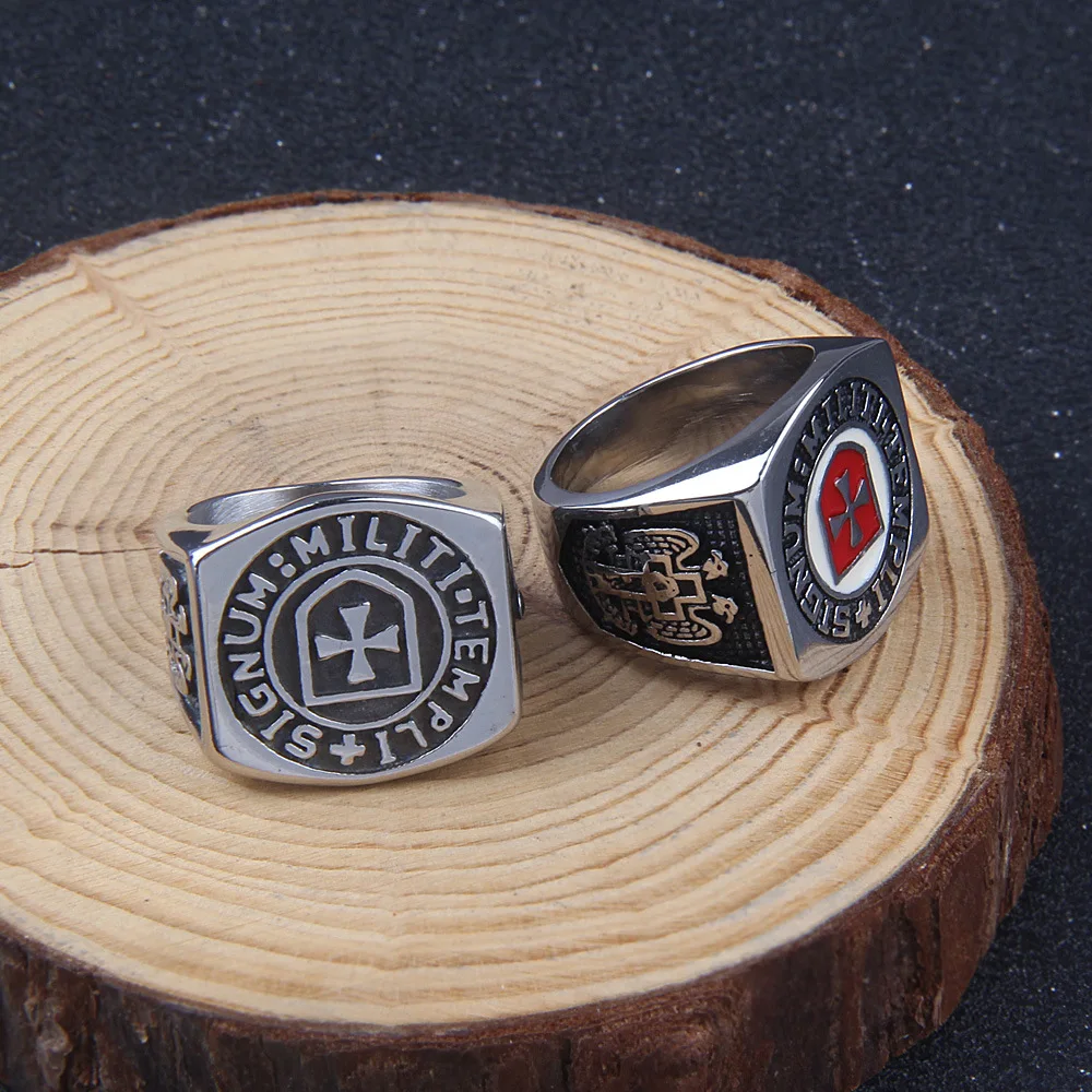 European and American Personality Jewelry Shield Cross Freemason Men's Stainless Steel Rings Size 7-13