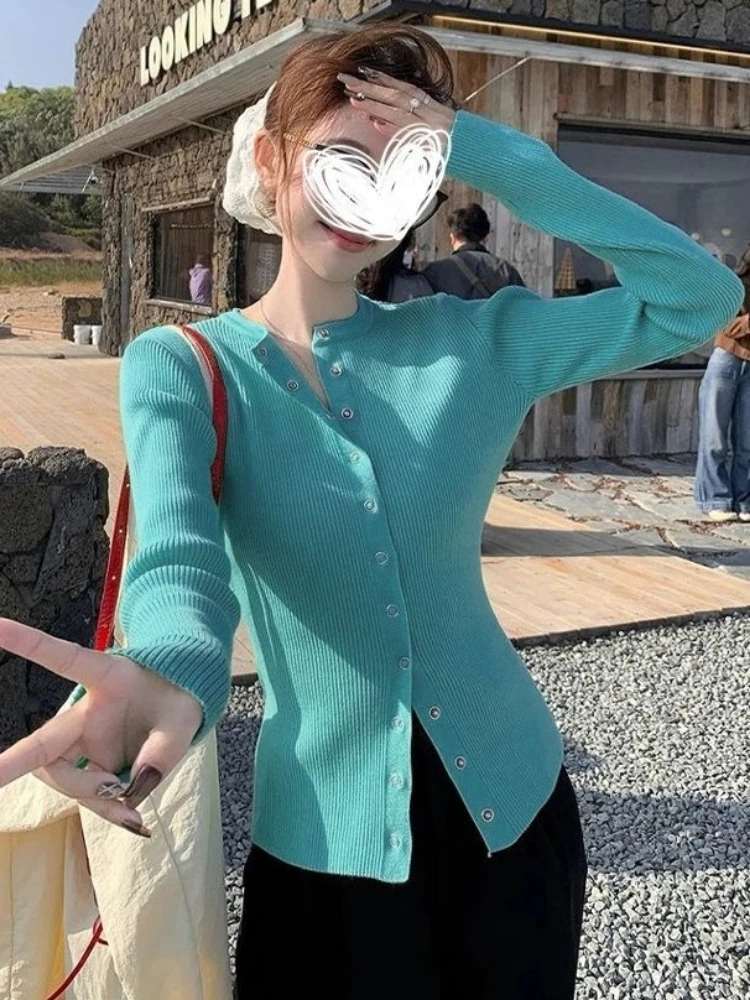 

Autumn Y2k Aesthetic Women Cardigan Preppy Style Solid Single Brested Simple Knitted Pull Femme Harajuku Grunge Slim Fit Tops