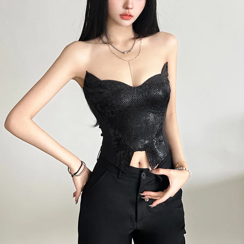 Sexy Y2K Tops 2025 Summer New Women Sleeveless Slim Crop Top High Street Fashion Basics Tee Snake Pattern Split Tshirt