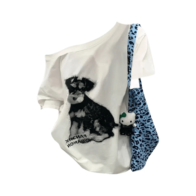 FUYUELULU Schnauzer Print One Shoulder Ort Sve T-irt Atasan Musim Panas Baru Wanita Kasual Nyaman Longgar