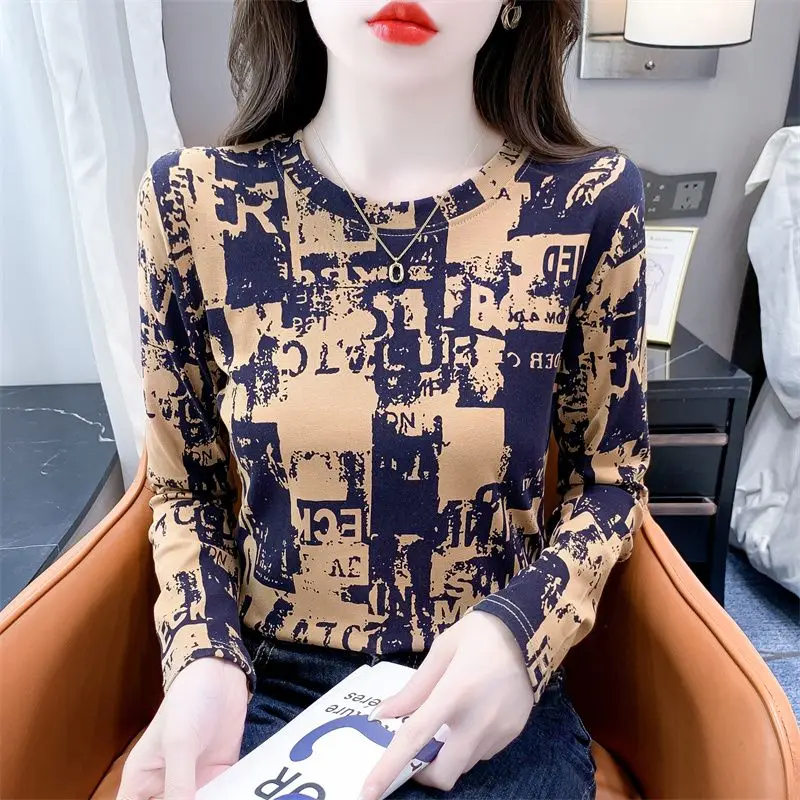 

Vintage Printed O-Neck Casual Long Sleeve Letter T-Shirts Female Clothing 2024 Autumn New Loose Korean Tops All-match Tee Shirt