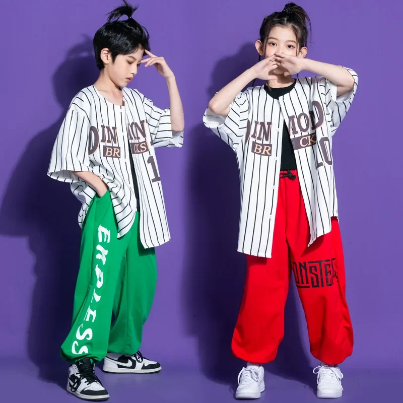 Camicia Cardigan da Baseball a righe Top Streetwear Jogger pantaloni della tuta per ragazza ragazzo Jazz Dance Costume vestiti Kid Hip Hop abbigliamento