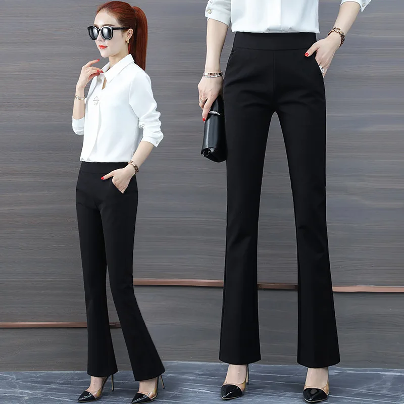 سروال طويل أسود غير رسمي متوهج للنساء، خصر عالي للربيع والخريف، ثنيات، تنحيف، أنيق مستقيم الساق متوهج قليلاً #3