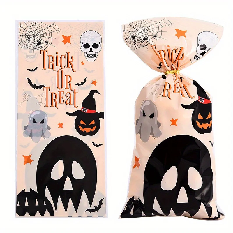 Geschenktüte aus Kunststoff mit flachem Mund, 100 Stück, Keks-Snackbeutel, Halloween-Party-Geschenktüte für Kinder, Halloween-Süßigkeitstüte