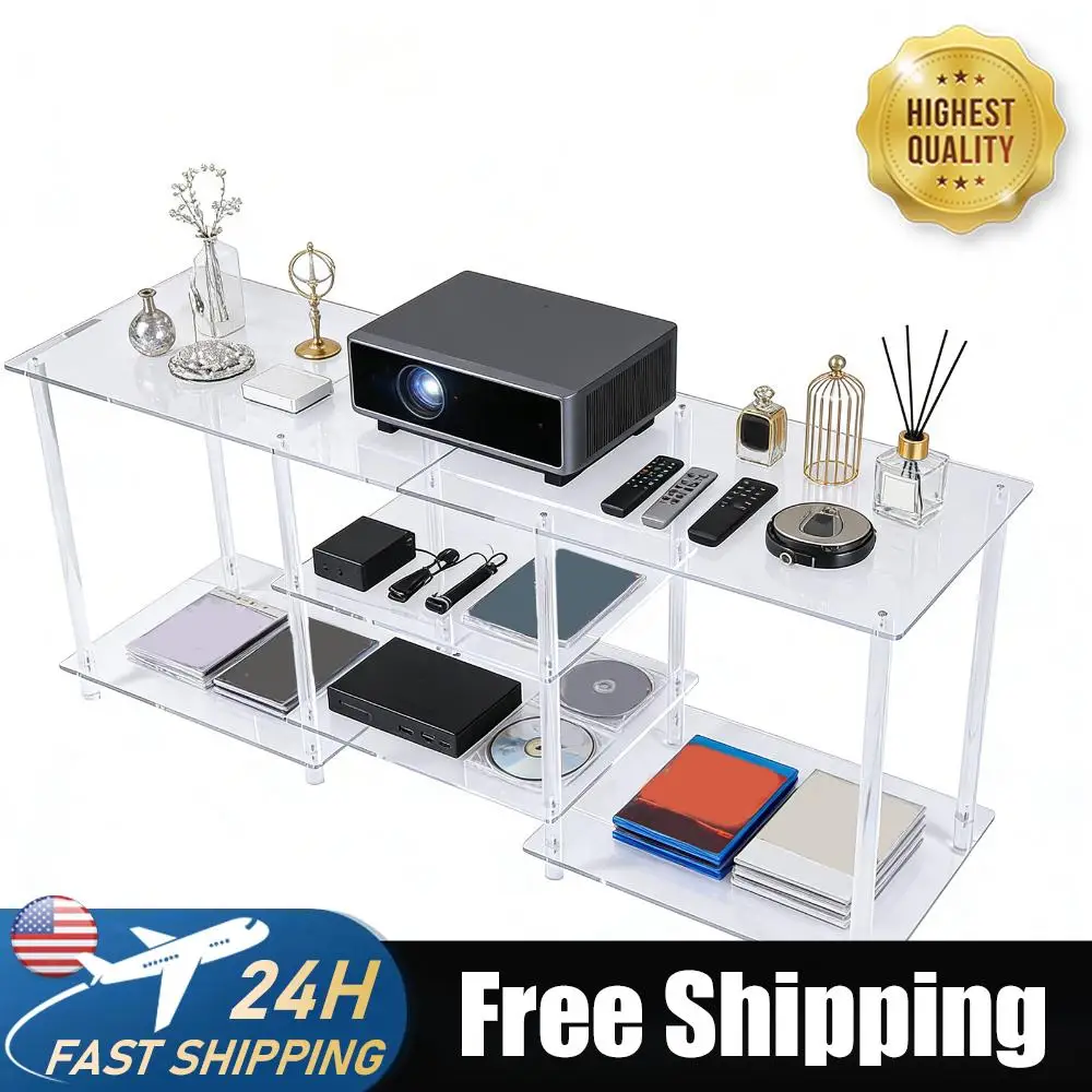 Acrylic 55 Inch Clear TV Console Table for TVs Up To 60 Inch TV Table with Open Storage Shelves for Living Room Office Bedroom