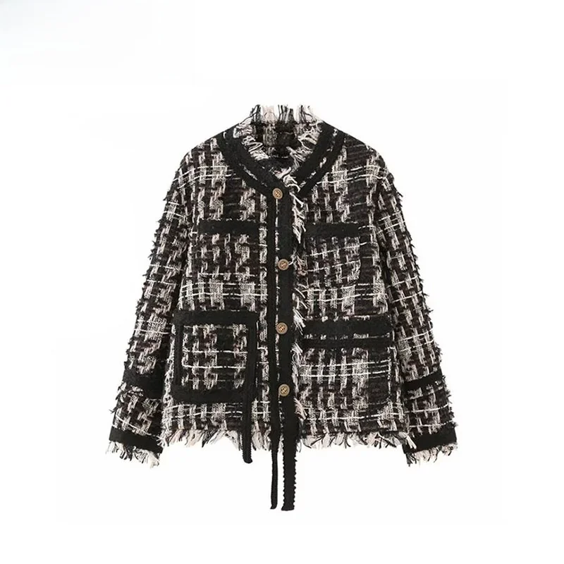 

ZBZR Autumn New Women's Faion Tassel Coat round Ne Jaet Top Polyester Fiber Slimming Universal Long Sve Button ...