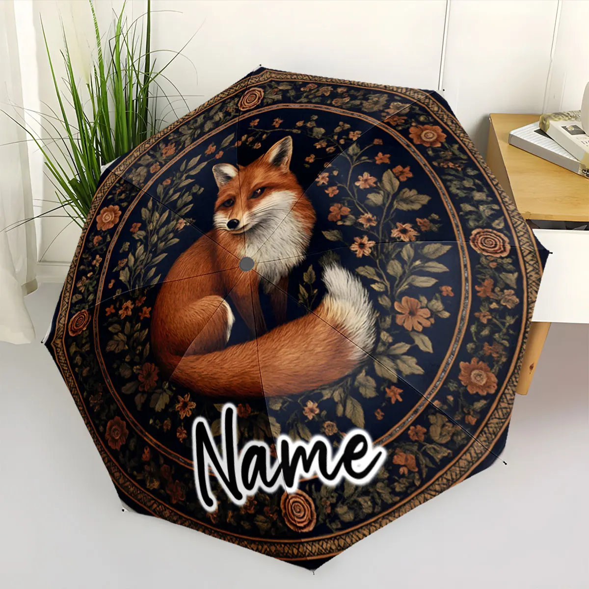 Custom Name Umbrella Fox Design Umbrella with Floral Motifs Print 8 Iron Ribs Folding Umbrella Auto-Open Fashion Sunshade