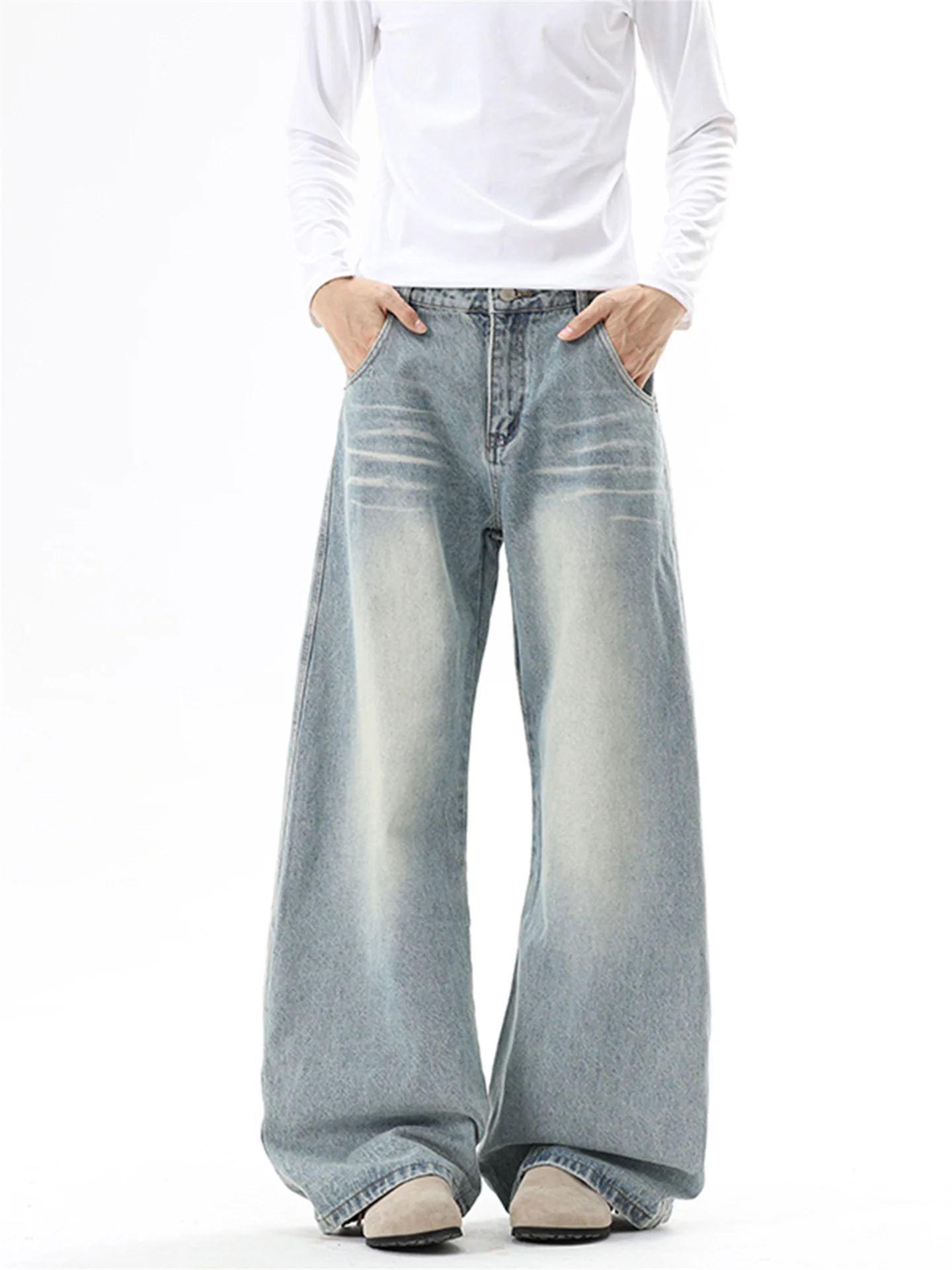 

Retro American Waed Wide Leg Men's Jeans Casual Loose Straight Tube Pants Summer Faion Polyester Fiber Zipper Closure
