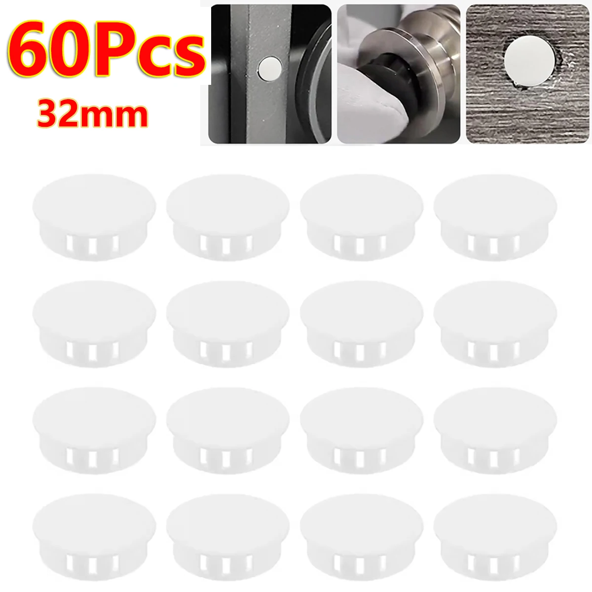 60Pcs 32mm White hole Cover Nylon Plastic Round Locking Hole Plugs Insert End Cap Button Cover Panel Snap-on Hole Plug Desktop