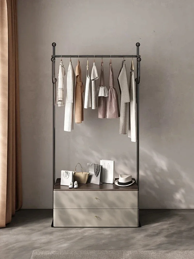 Light luxury bedroom floor-to-ceiling coat rack storage cabinet integrated stainless steel hanger solid wood saddle leather