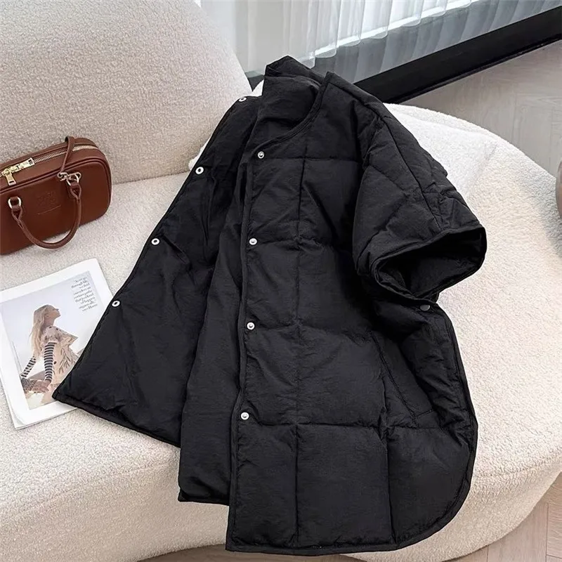 صدرية كلاسيكية للنساء لخريف وشتاء موضة جديدة سترة بأكمام قصيرة ورقبة على شكل حرف v إضافة سترة قطنية ملابس علوية فضفاضة غير رسمية للسيدات