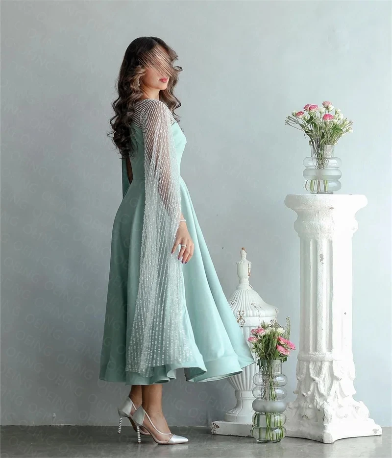 Flora Dress Ice Blue Satin A-line Cape Sleeves O-Neck Evening Gown Ankle Length Robe De Soirée Zipper Back Made Outfit Porm Gown