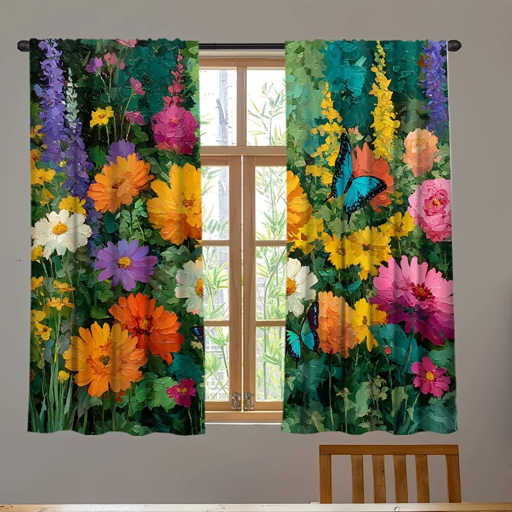 Bright floral design pattern printed curtains, with a pole bag style, suitable for use in bedrooms, living rooms and offices