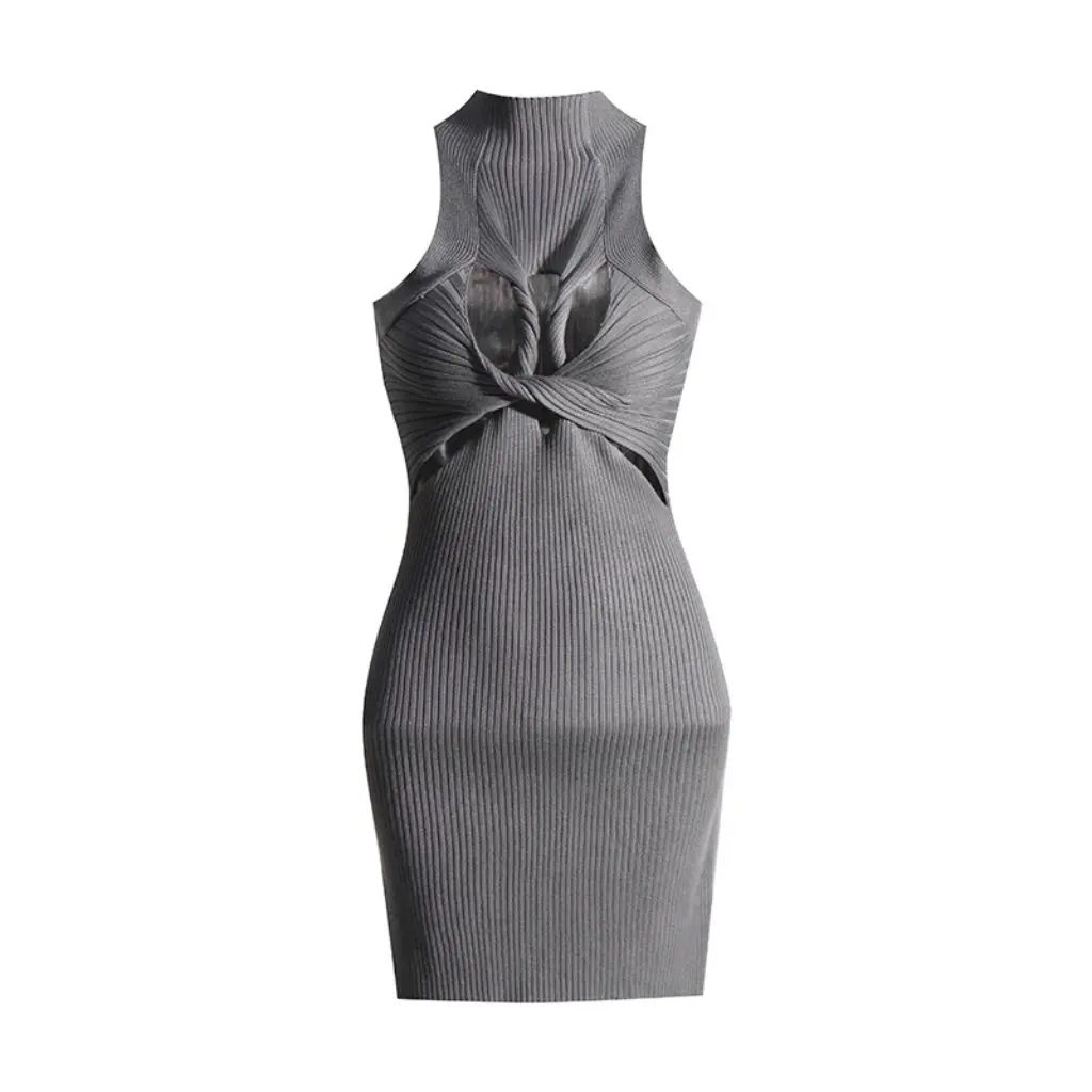 Women's Sleeveless Knitted Dress European American Style Hollow Twist Slimming Design Hot Girl Temperament Dress