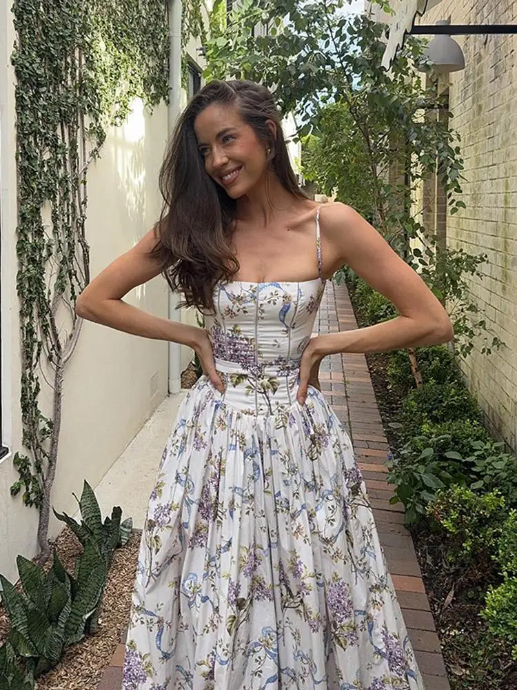 

Flower Print A-line Sling Dress Sweet Backless Off Shoulder Women Slim Fit Ruffle Party Robe 2025 Summer Lady Y2k Evening Gown