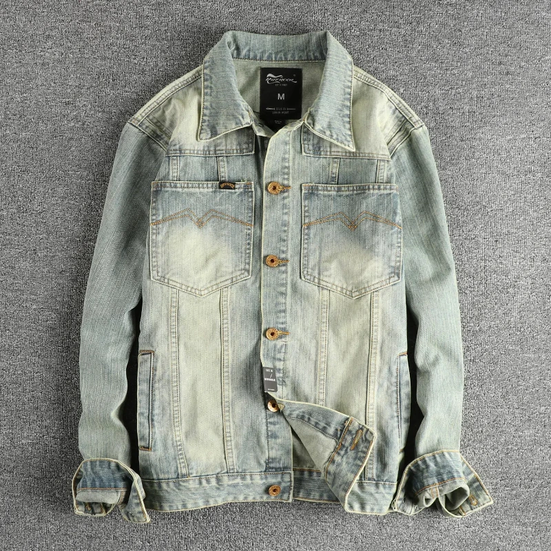 Heavy May Khaki retro trend American rugged denim jacket men's heavy wash to do old overalls coat top