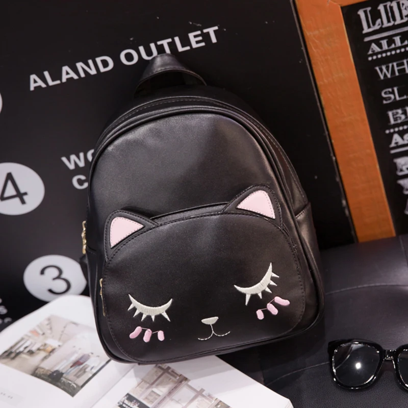 Cat Backpack Black Preppy Style School Backpacks Funny Quality Pu Leather Fashion Women Shoulder Bag Travel Back Pack Sac XA322