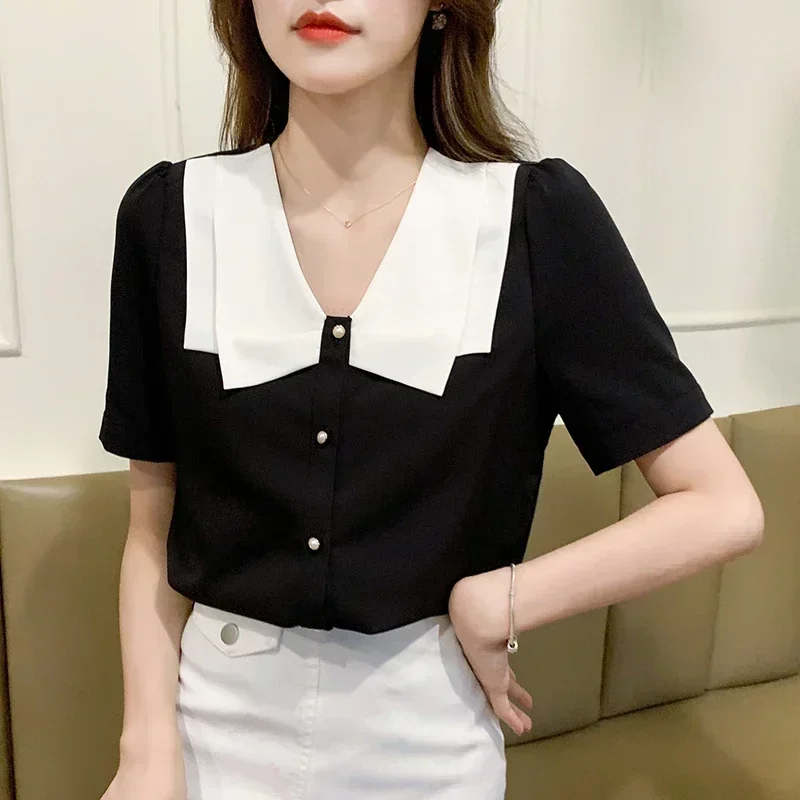 

Summer Women Black Blouse Short Sleeve V-Neck Chiffon Blouse Shirt Tops Blouse Women Blusas Mujer De Moda 2024 Blouses Femme F59