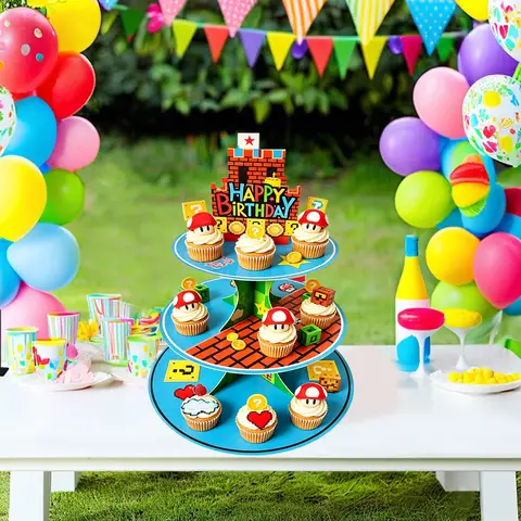 Super Brothers Party Cupcake Stand Video Game Birthday Party Supplies for Kids Boy Birthday Cupcake Decoration Game Bros 3 Tier