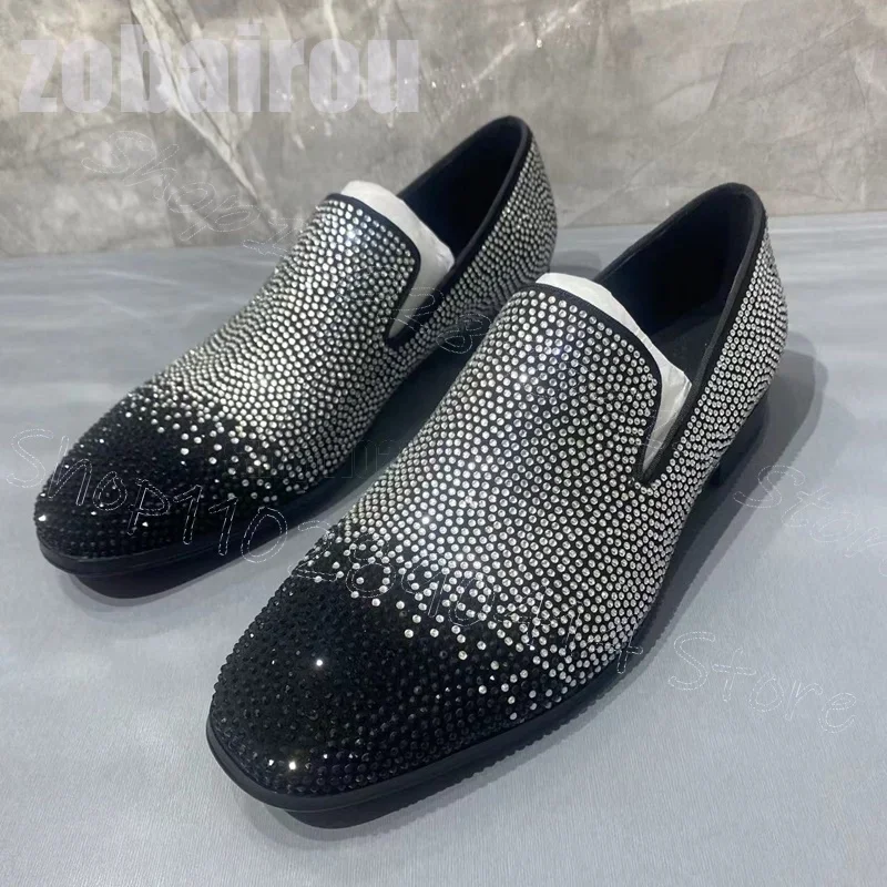 

Silver Black Rhinestone Decor Square Toe Loafers Fashion Slip On Men Shoes Luxury Handmade Party Banquet Wedding Men Dress Shoes
