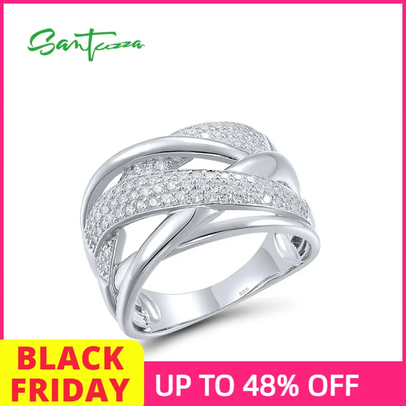 SANTUZZA Echter 925er Sterlingsilber-Ring für Damen, funkelnder weißer Zirkonia, bezaubernder, wunderschöner, moderner, feiner, schicker Schmuck