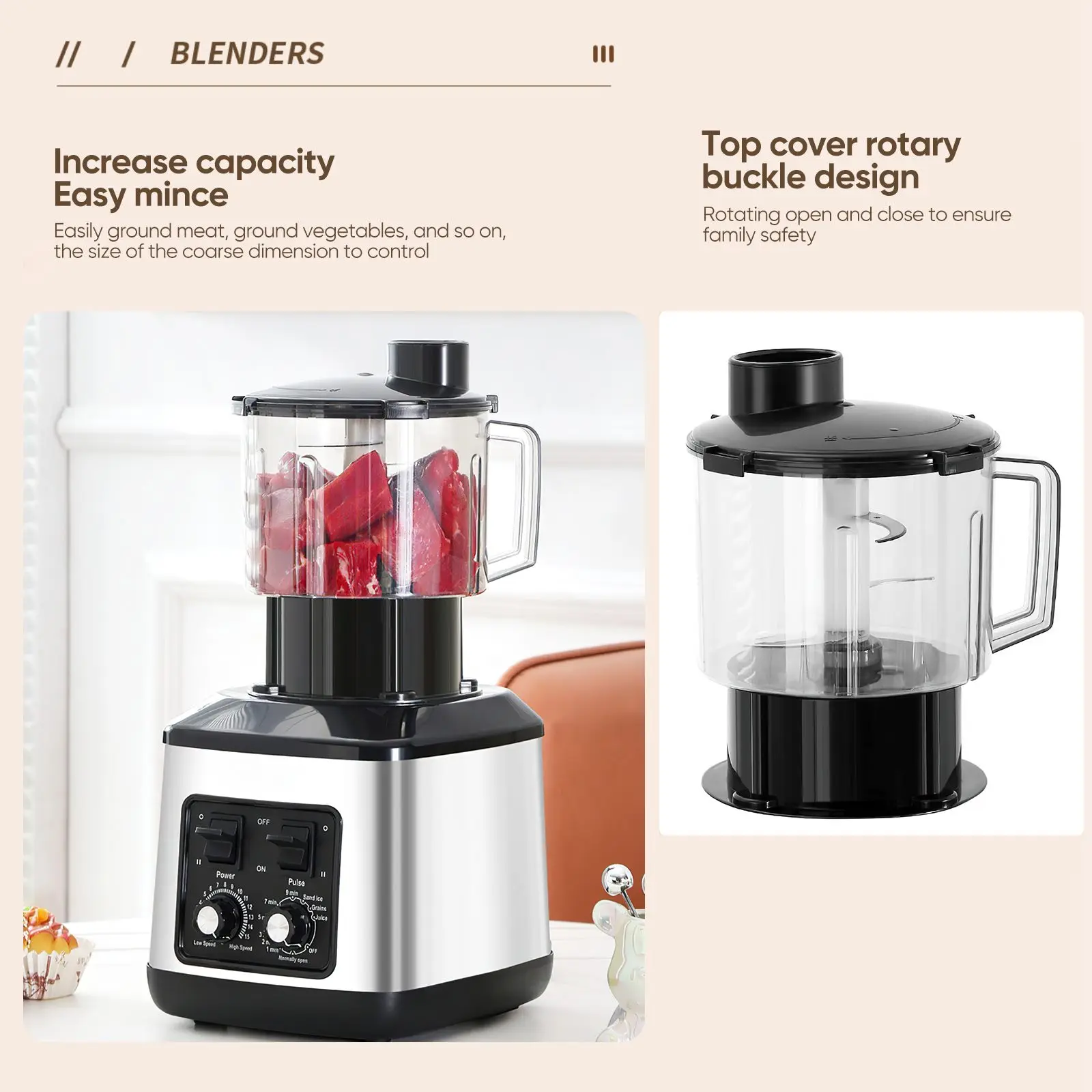 9500W Tischmixer, Entsafter, Smoothie-Maker 3-in-1, 0,5/1,5/3L Behälter, Küchenmaschine, Blenderboxer für Eis, Nüsse, Früchte – Detail 5