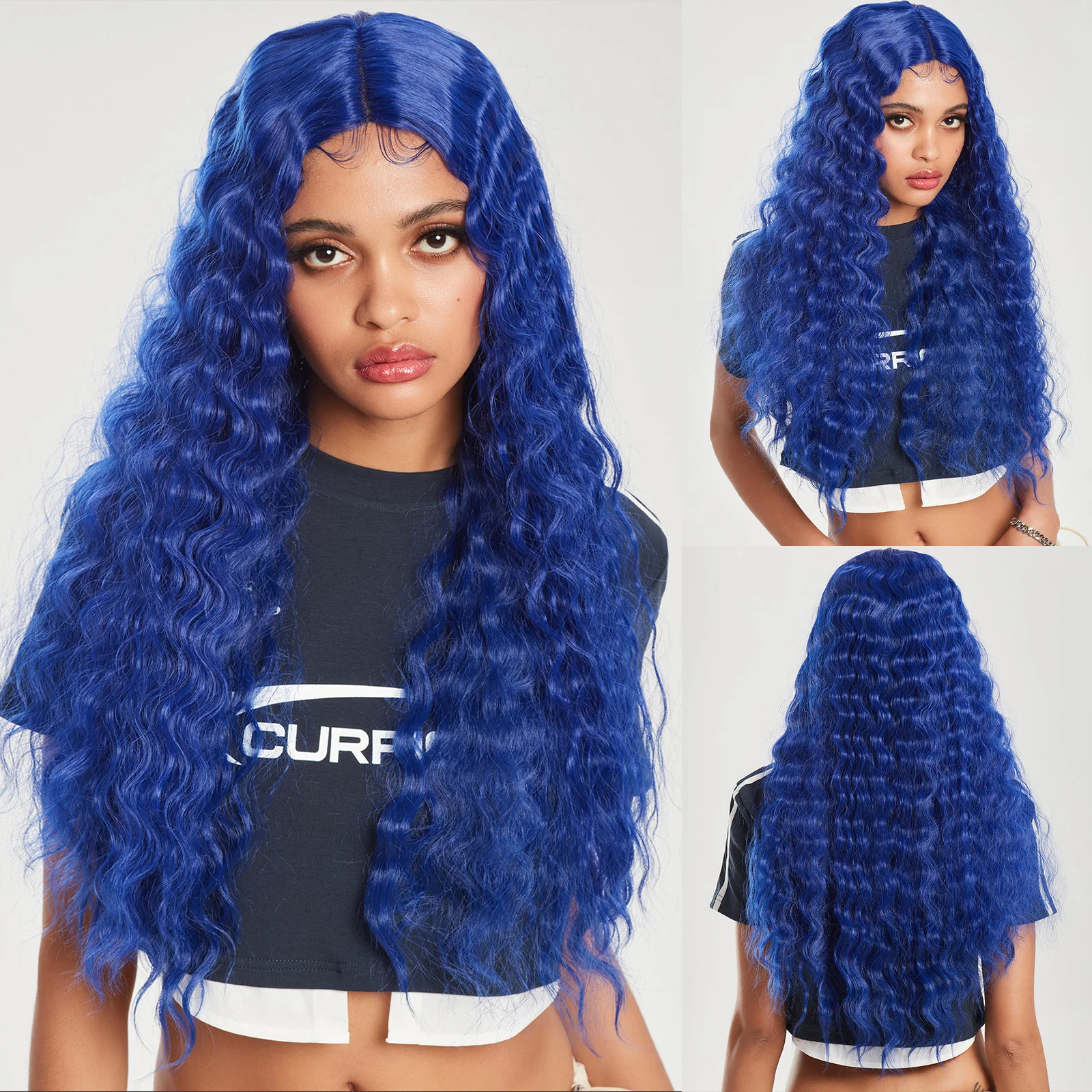 

HAIRCUBE Blue Natural Wave Lace Front Synthetic Wigs for Black Women Long Wavy Curly Fake Hair Daily Cosplay Heat Resistant Wigs