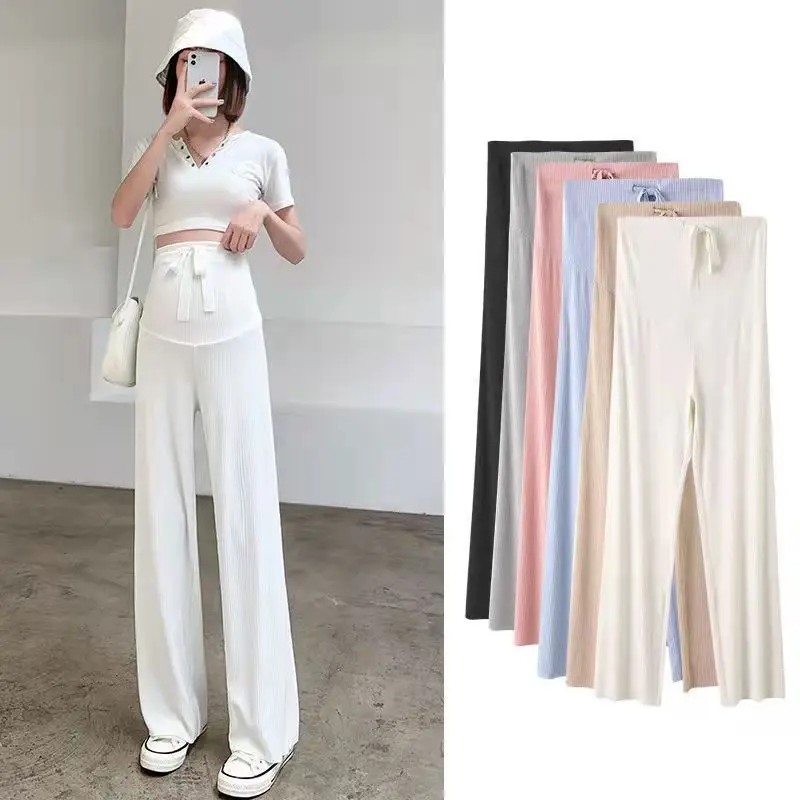 Maternity High Waist Abdomen Pants Summer Thin Cotton Trouser For Pregnant Women Wide Leg Loose Prenancy Full Length Belly Pants